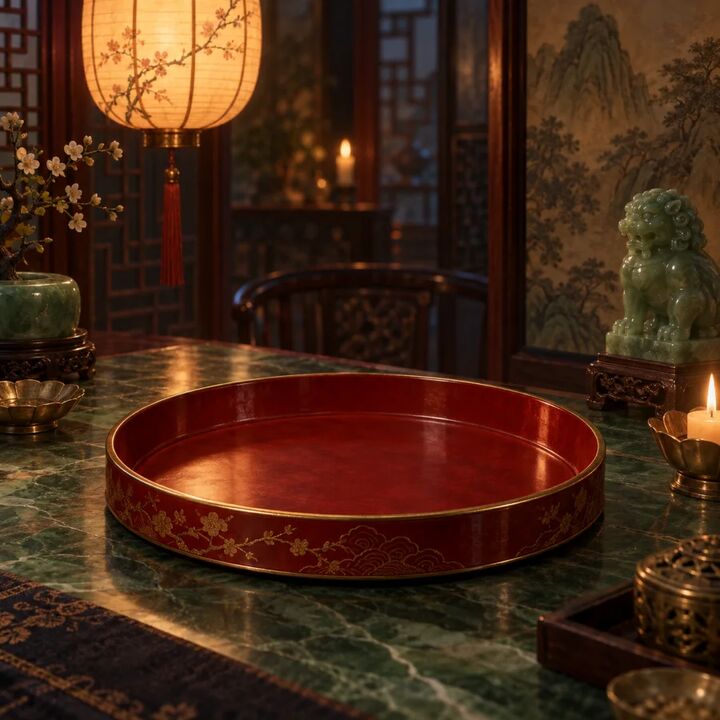 An empty lacquer chip tray under a dim lantern