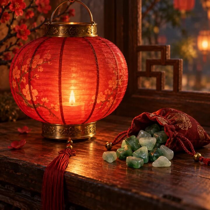 A red paper lantern beside a small bundle of jade chips