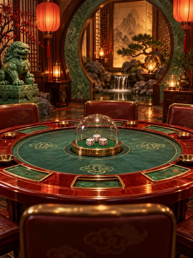 A round Sic Bo table with the glass dice dome in a lantern-lit parlour — onboarding art from Stonevegas Casino
