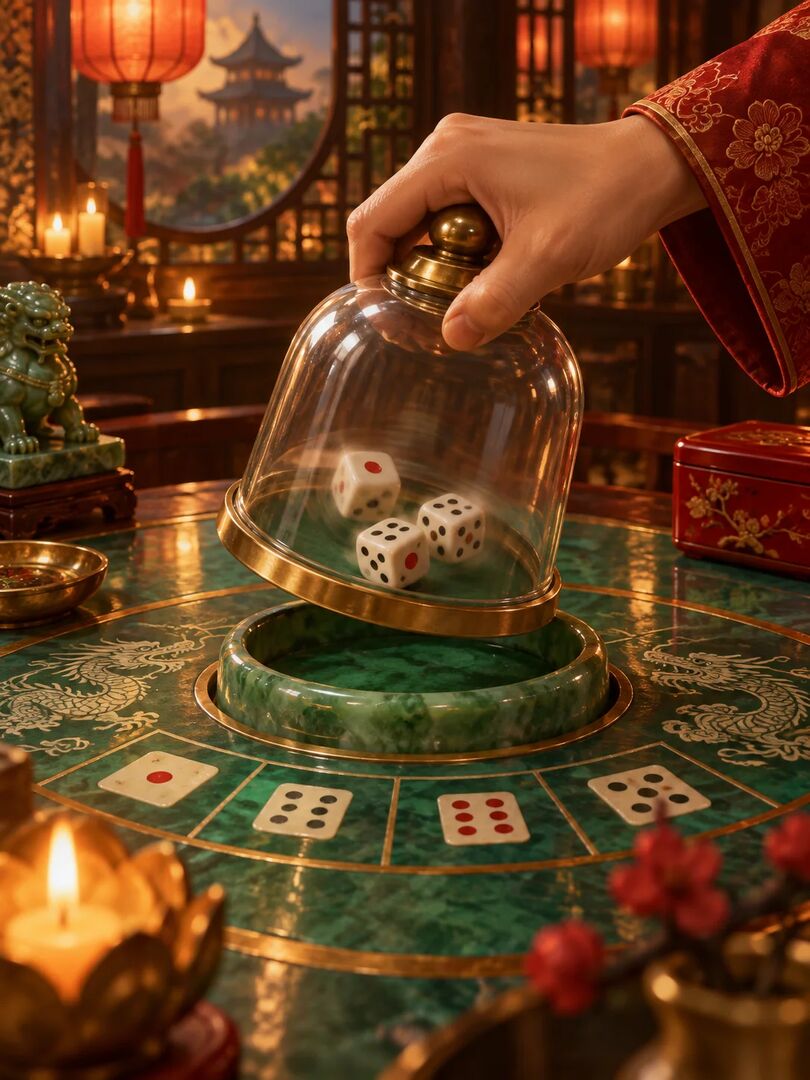 A hand shaking the glass dice dome over the felt — onboarding art from Stonevegas Casino